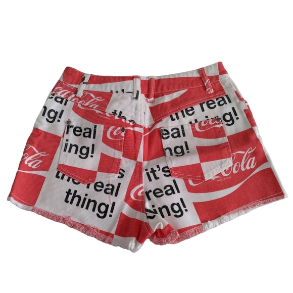 NWOT Coca Cola Small Logo Slogan Check Print Distressed Hem Jean Shorts - Picture 2 of 16
